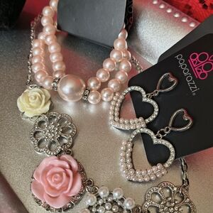 3 Pc  Pink and Pearl Flower Necklace. Pearl Earrings And Bracelet